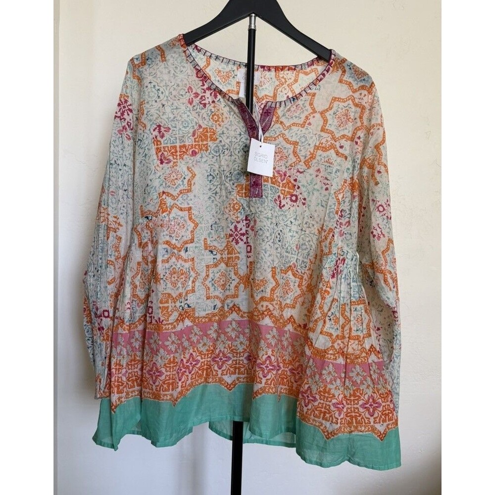 Sigrid Olsen Boho Embroidered Peasant Top Tunic Blouse Tile Print Babydoll M NWT